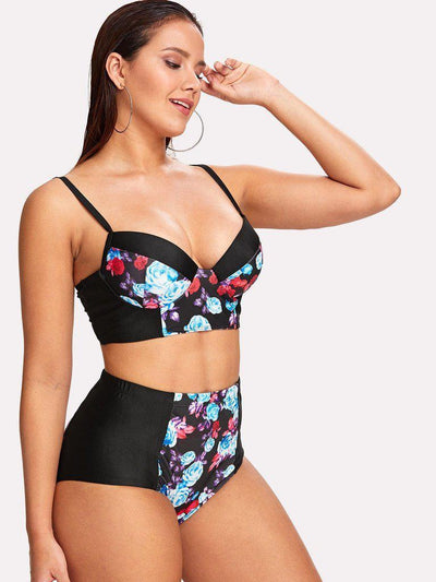Flower Print High Waist Bikini Set-swimwear-Des Mess
