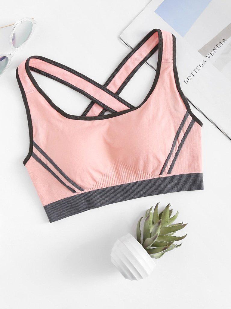 Criss Cross Back Contrast Piping Sports Bra-sportswear-Des Mess