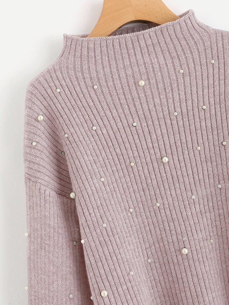 Pearl Embellished Exaggerated Bishop Sleeve Ribbed Sweater-outerwear-Des Mess