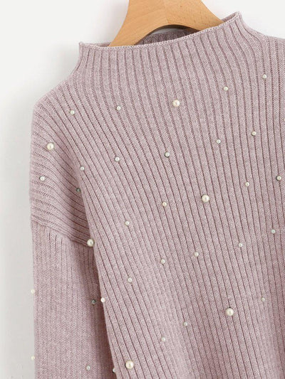 Pearl Embellished Exaggerated Bishop Sleeve Ribbed Sweater-outerwear-Des Mess
