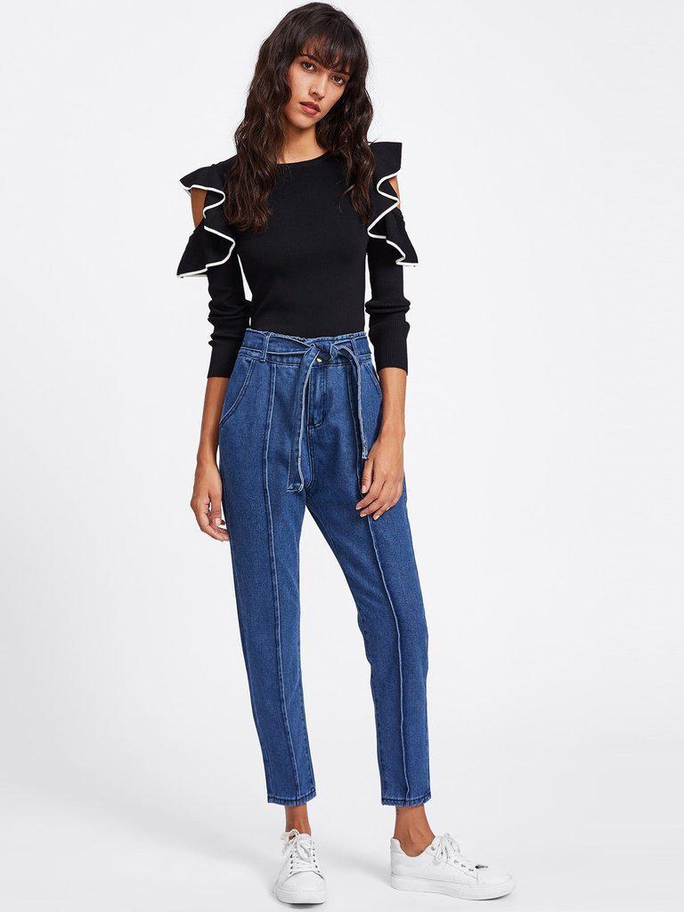 Tie Waist Seam Front Jeans-bottom-Des Mess