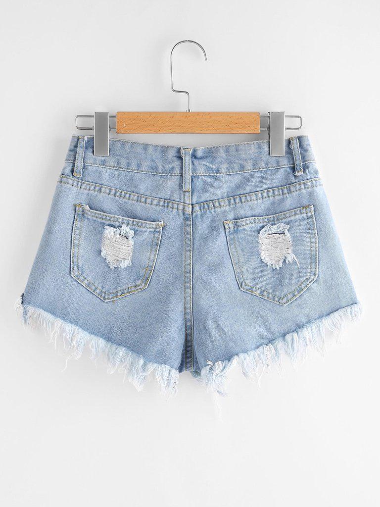 Destroyed Fray Hem Denim Shorts-bottom-Des Mess