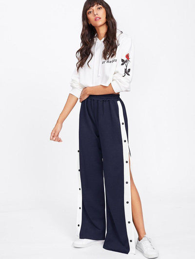 Tape Button Side Wide Leg Pants-bottom-Des Mess