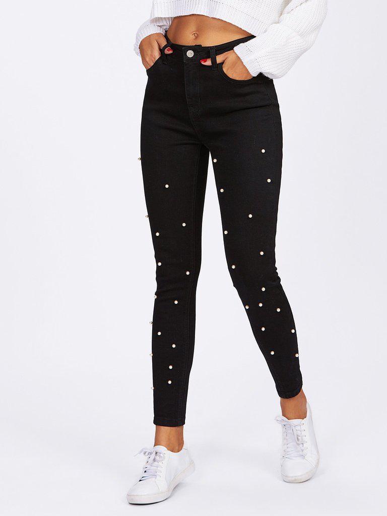Pearl Beaded Front Jeans-bottom-Des Mess