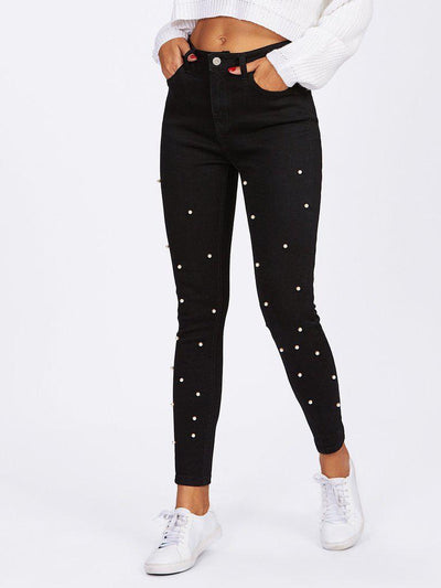 Pearl Beaded Front Jeans-bottom-Des Mess