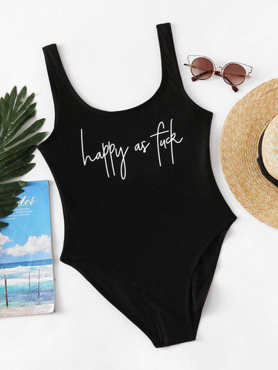 Slogan Print Low Back Swimsuit-swimwear-Des Mess