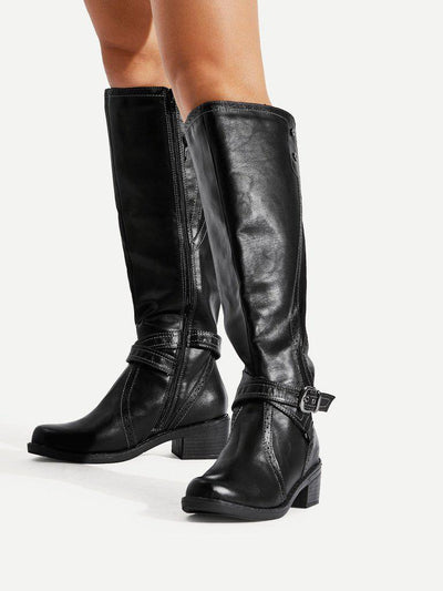 Buckle Side Knee High PU Boots-shoes-Des Mess