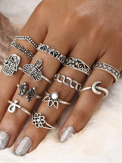 Crown And Flower Design Ring Set 13pcs-jewelry-Des Mess