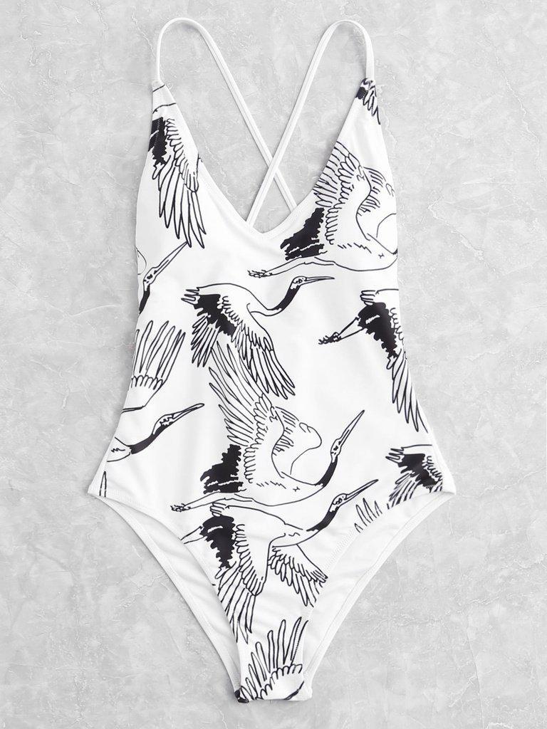 Crane Print Lace Up Back Swimsuit-swimwear-Des Mess