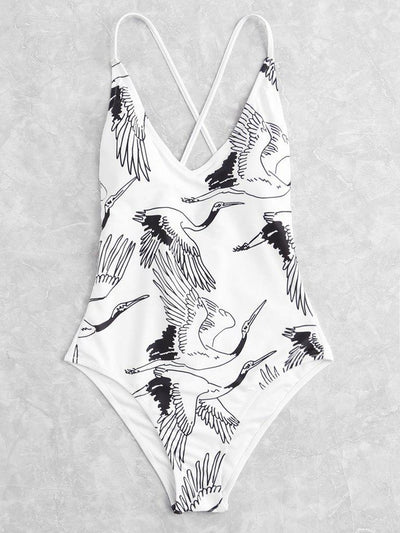 Crane Print Lace Up Back Swimsuit-swimwear-Des Mess