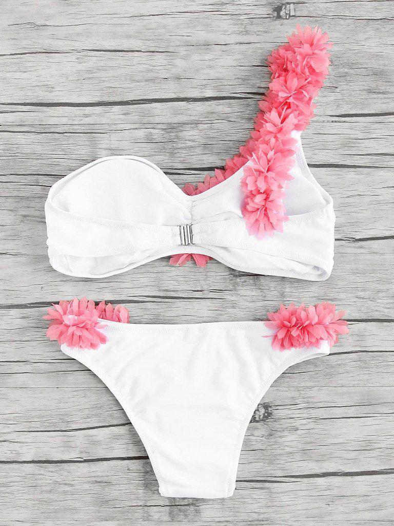 Contrast Flower Embellished One Shoulder Bikini Set-swimwear-Des Mess