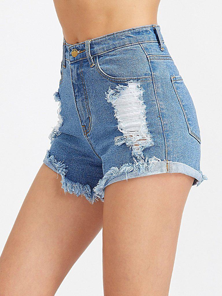 Frayed Roll Hem Distressed Denim Shorts-bottom-Des Mess