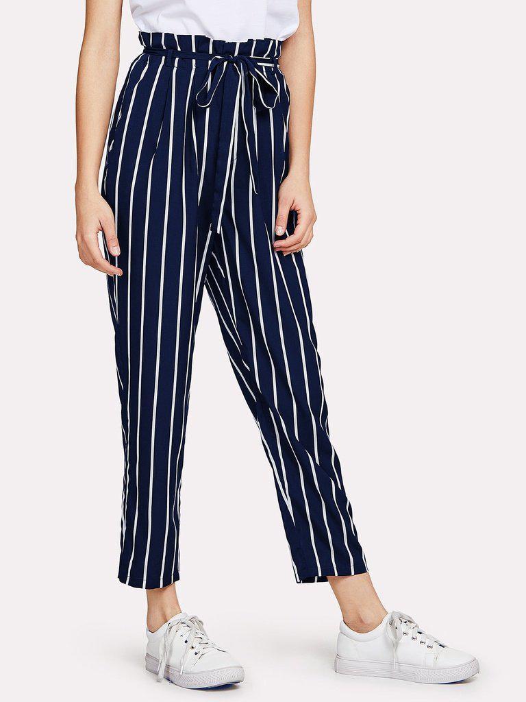 Frill Trim Waist Striped Tapered Pants-bottom-Des Mess