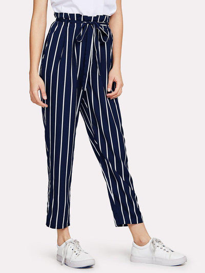 Frill Trim Waist Striped Tapered Pants-bottom-Des Mess
