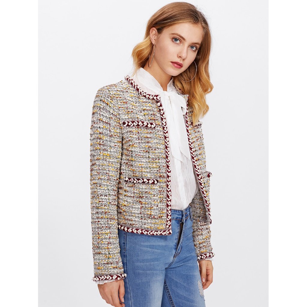 Pearl Beading Braided Tape Trim Tweed Blazer