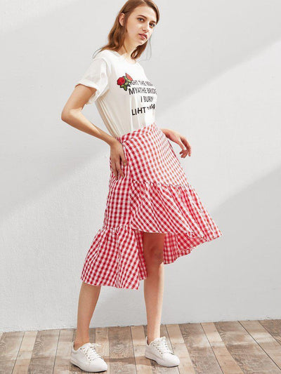 Elastic Waist Gingham Asymmetric Frill Skirt-bottom-Des Mess