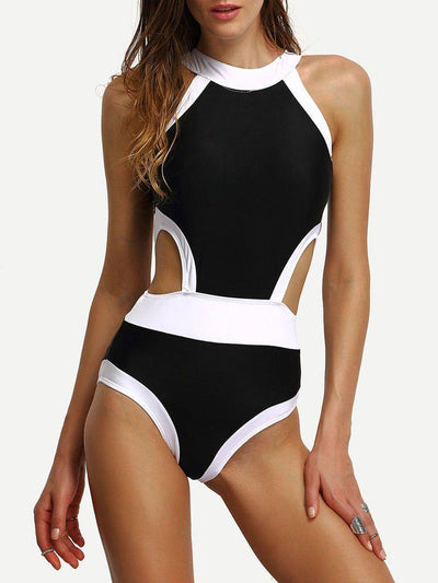 Contrast High Neck Cutout One-Piece Swimwear-swimwear-Des Mess