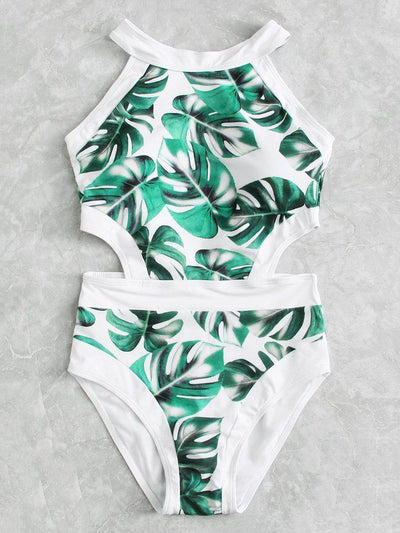 Palm Print Cutout Swimsuit-swimwear-Des Mess