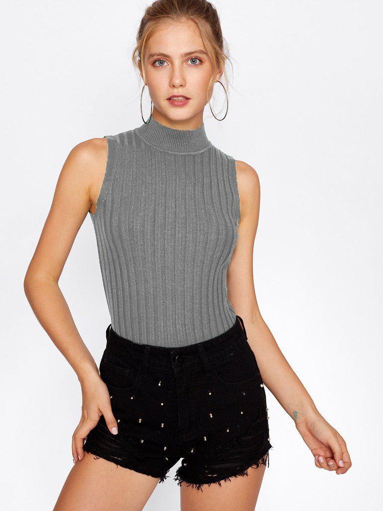 High Neck Ribbed Knit Sweater-outerwear-Des Mess