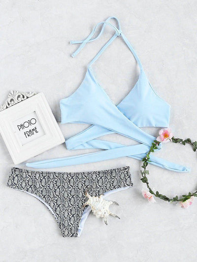 Snake Print Halter Wrap Knotted Back Bikini Set--Des Mess