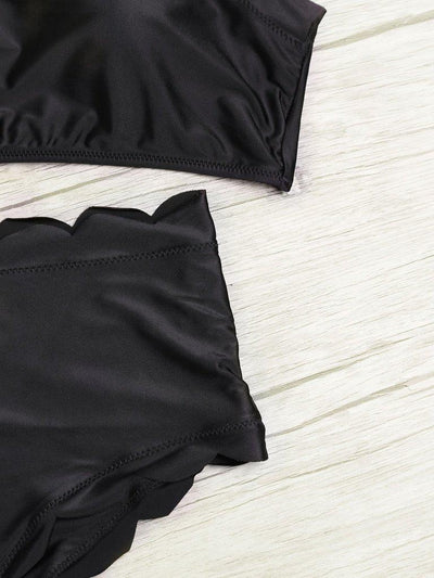 Scalloped Trim Halter High Waist Bikini Set--Des Mess