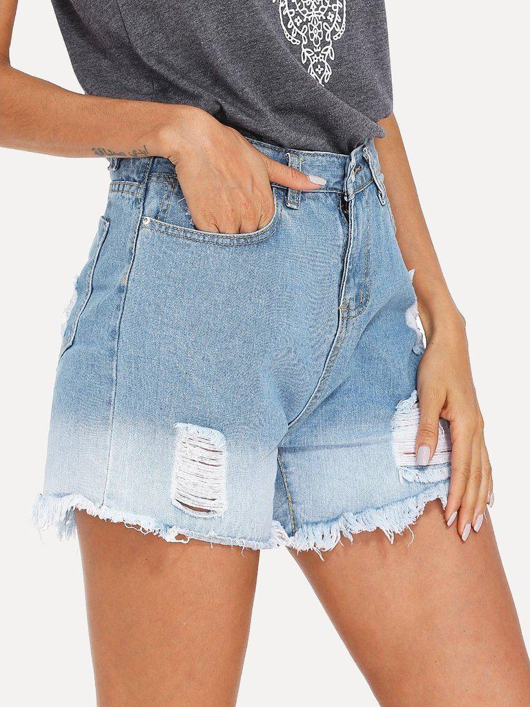 Frayed Hem Ripped Denim Shorts-bottom-Des Mess