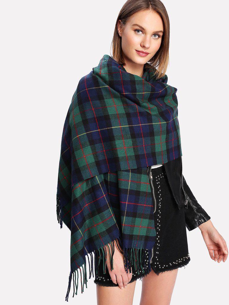 Fringe Trim Plaid Scarf-accessories-Des Mess