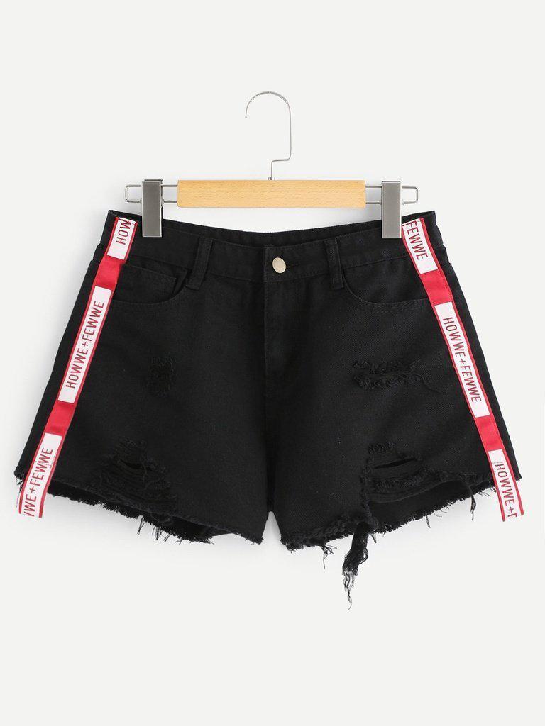 Letter Print Raw Hem Ripped Denim Shorts-bottom-Des Mess