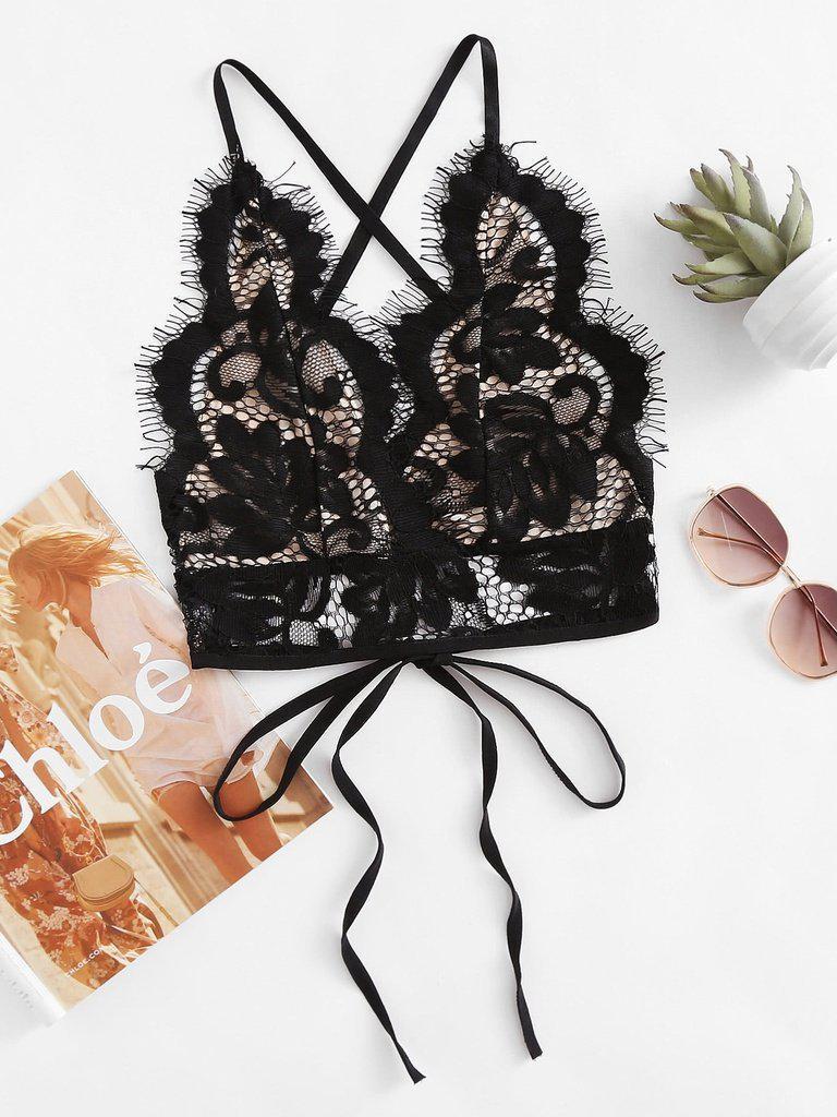 Eyelash Lace Overlay Criss Cross Tie Back Bra-lingerie-Des Mess