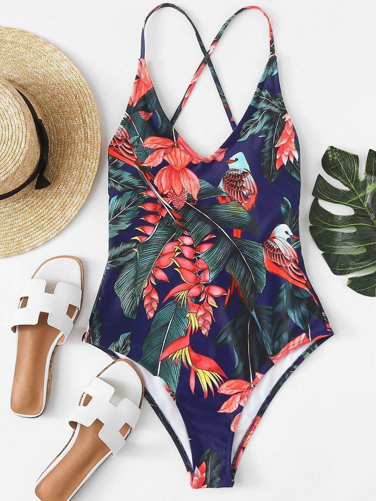 Crisscross Tropical Print Swimsuit-swimwear-Des Mess
