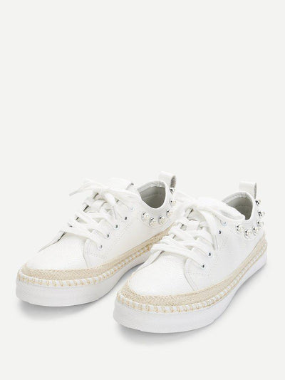 Faux Pearl Detail Lace Up Sneakers-shoes-Des Mess