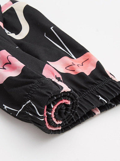 Revere Collar Allover Flamingo Print Blouse & Shorts Pajama Set-loungewear-Des Mess
