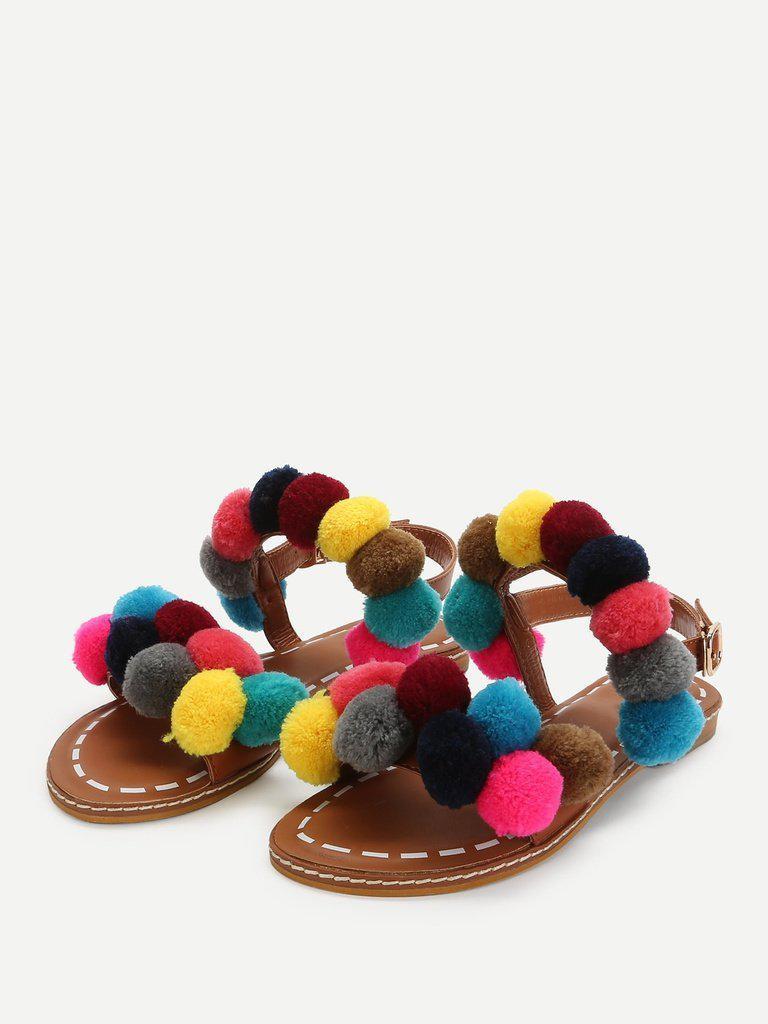 Ankle Strap Slide Sandals With Pom Pom-shoes-Des Mess
