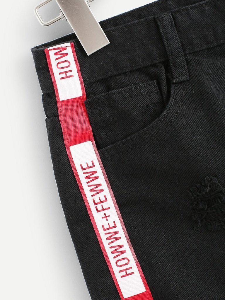 Letter Print Raw Hem Ripped Denim Shorts-bottom-Des Mess