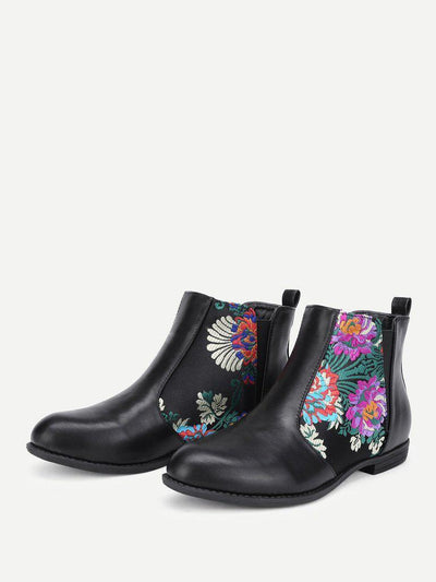 Flower Embroidery PU Flat Boots-shoes-Des Mess
