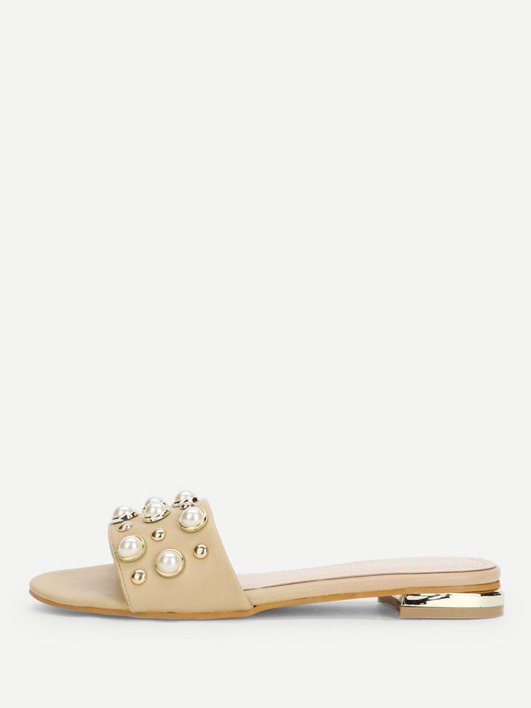 Faux Pearl & Studded Flat Slides-shoes-Des Mess