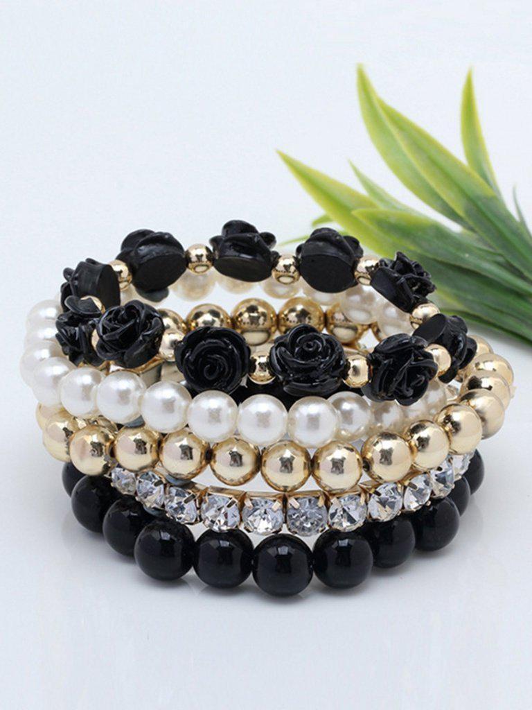 Rose Detail Rhinestone Beaded Bracelet Set 5pcs--Des Mess