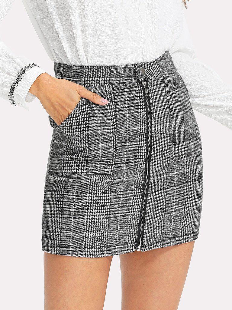 Zip Front Dual Pocket Plaid Skirt-bottom-Des Mess