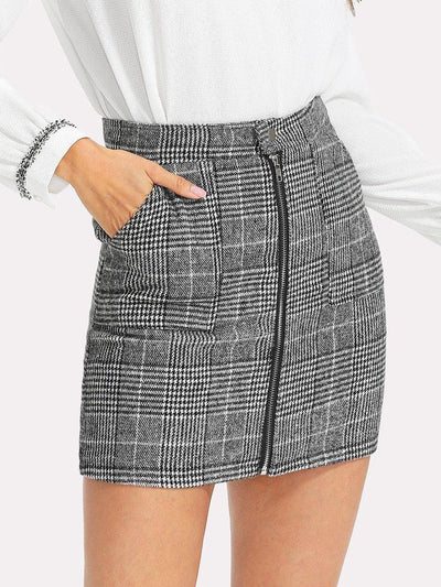 Zip Front Dual Pocket Plaid Skirt-bottom-Des Mess