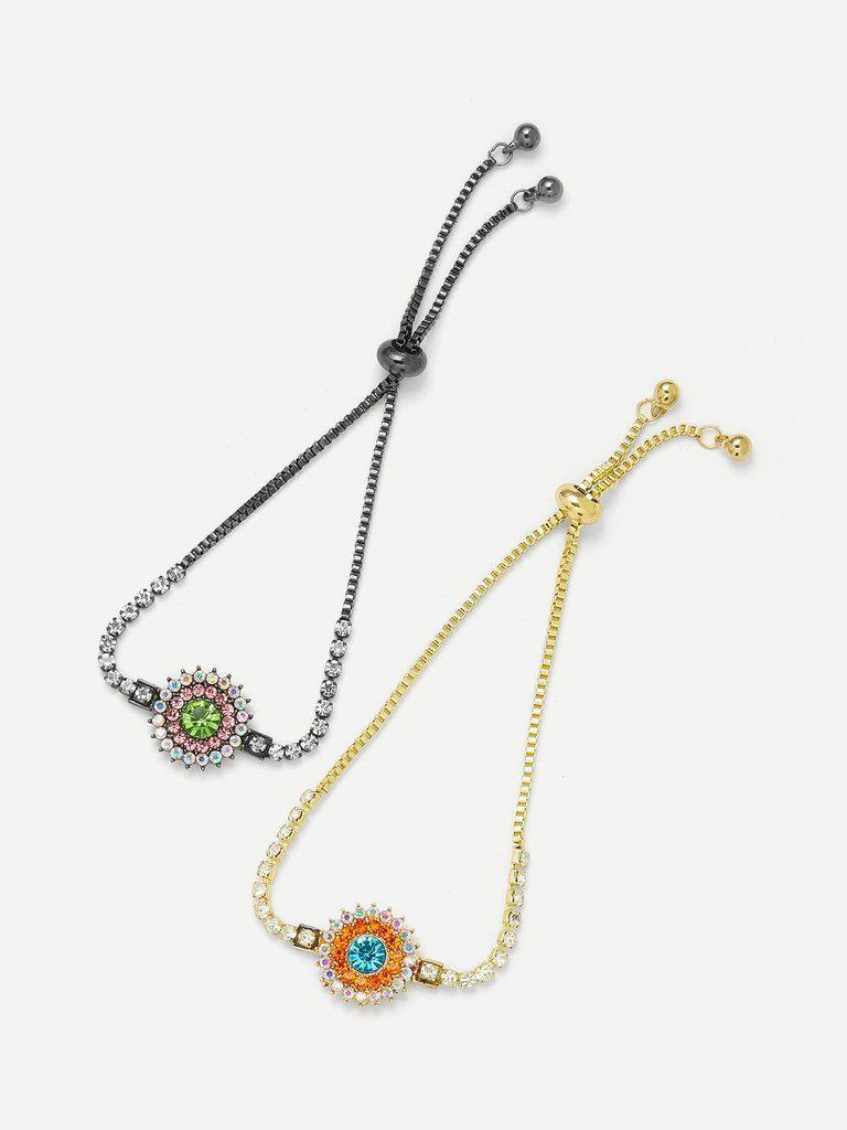 Rhinestone Flower Design Chain Bracelet Set--Des Mess