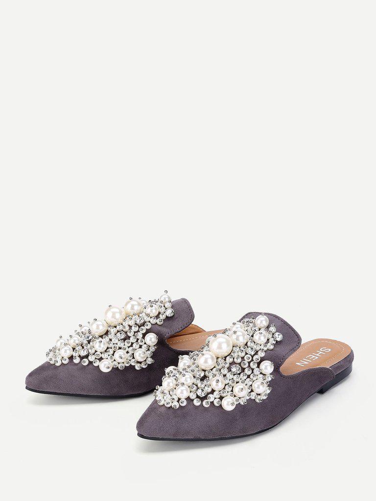 Faux Pearl Decorated Flat Mules-shoes-Des Mess