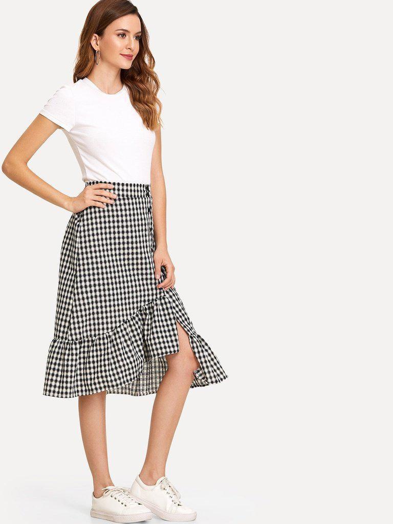 Single Breasted Ruffle Hem Checked Skirt-bottom-Des Mess