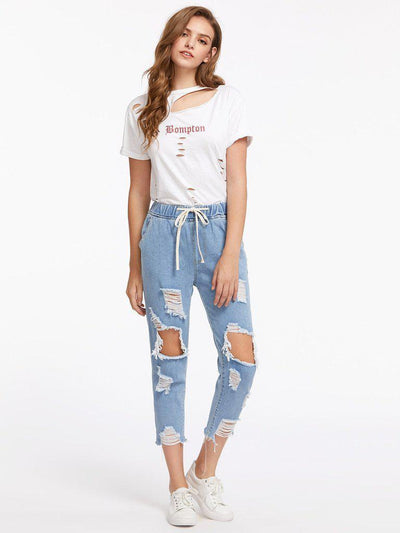 Destroyed Raw Hem Drawstring Waist Crop Jeans-bottom-Des Mess