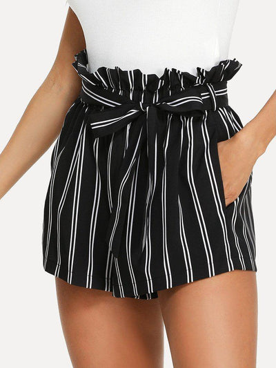 Belted Ruffle Waist Striped Shorts-bottom-Des Mess