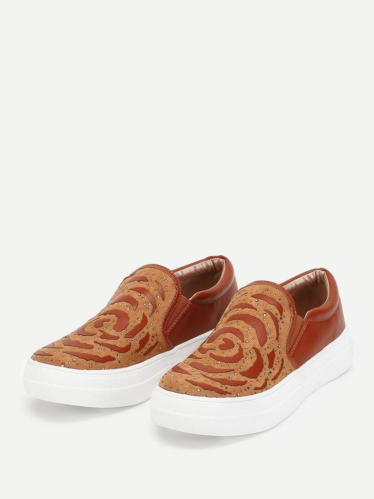 Rhinestone Detail Flatform PU Sneakers-shoes-Des Mess