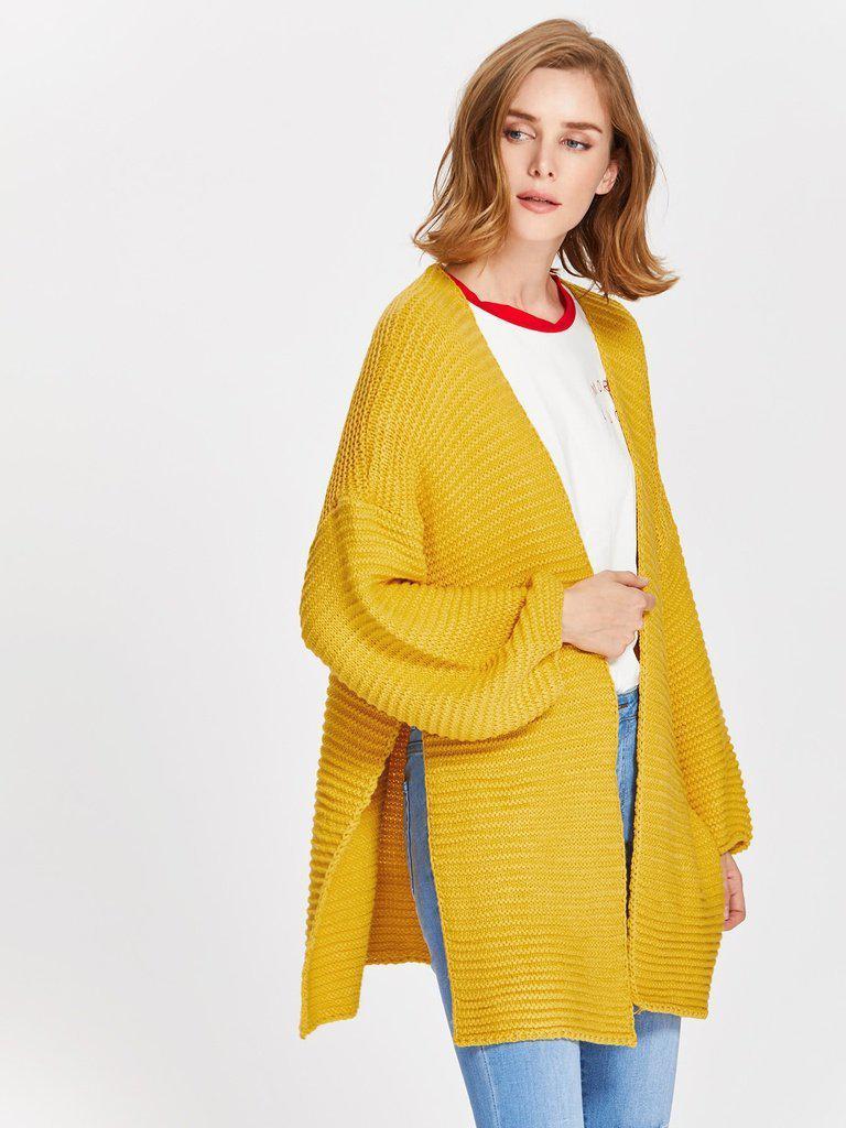 Drop Shoulder Lantern Sleeve Slit Textured Cardigan-outerwear-Des Mess
