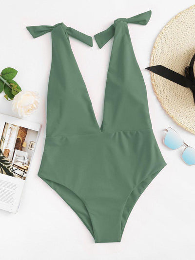 Deep V Plunge Knot Swimsuit-swimwear-Des Mess