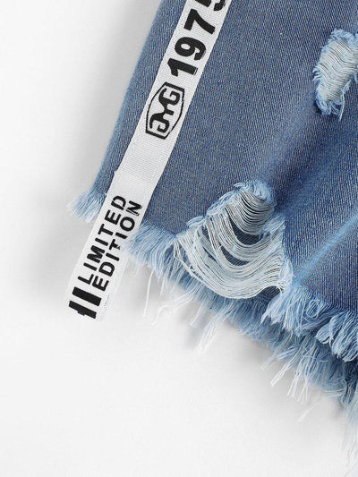 Frayed Hem Ripped Letter Denim Shorts-bottom-Des Mess