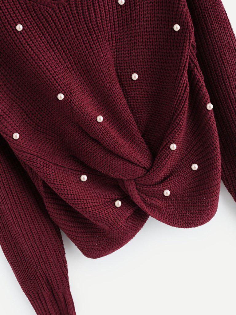 Pearl Beaded Detail Twist Sweater-outerwear-Des Mess