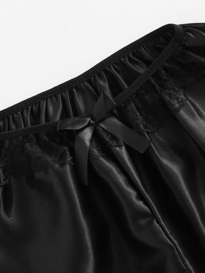 Lace Trim Bow Detail Satin Pajama Set-loungewear-Des Mess